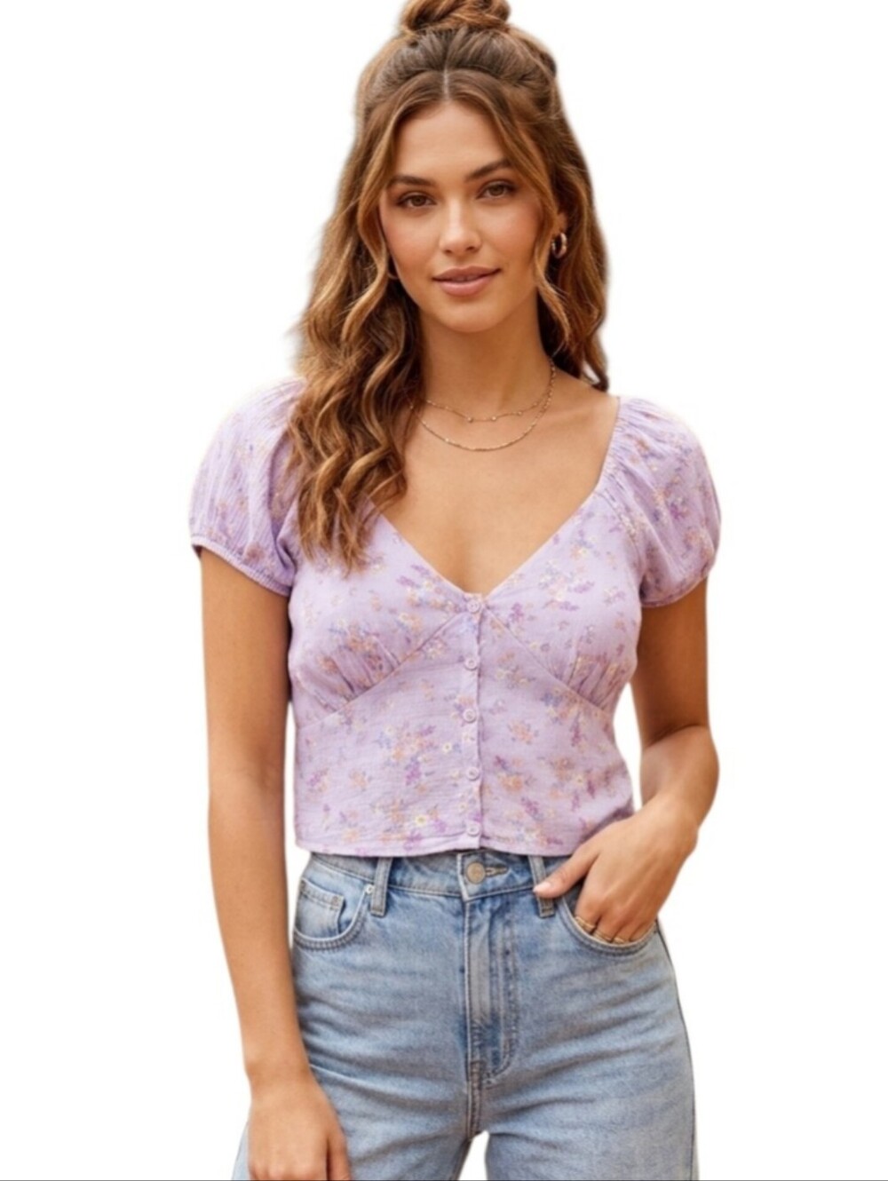 Pink Rose Lavender Floral Crop Top Puff Sleeve Smocked Back Coquette Size S